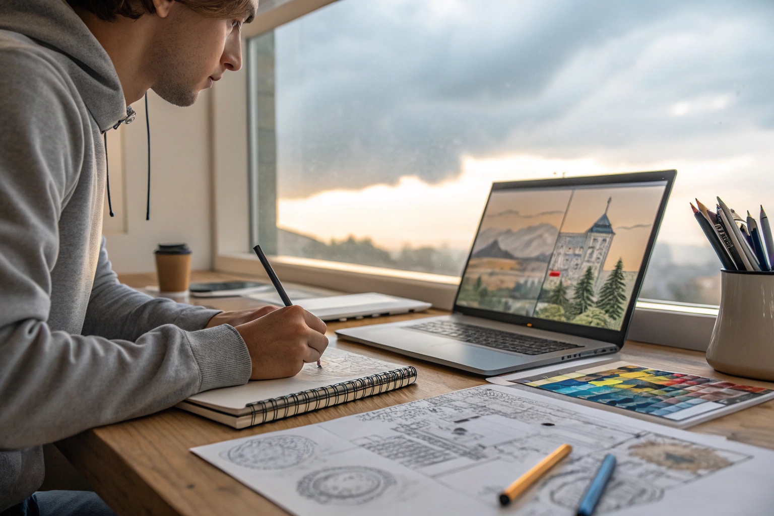 Henkilö graafista suunnittelua tekemässä, kuva tehdy Recraft tekoälyllä